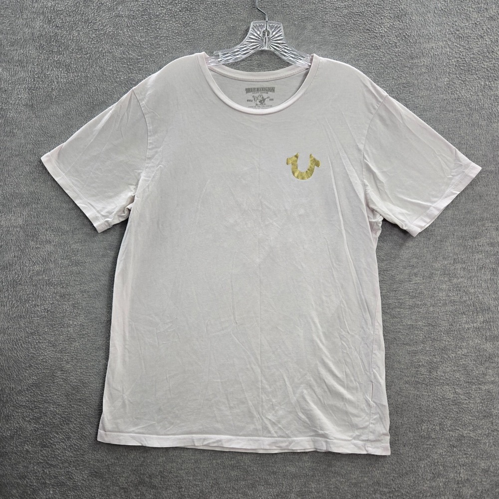 True Religion Men Shirt Large White Logo Buddha Graphic Short Sleeve Tee READ